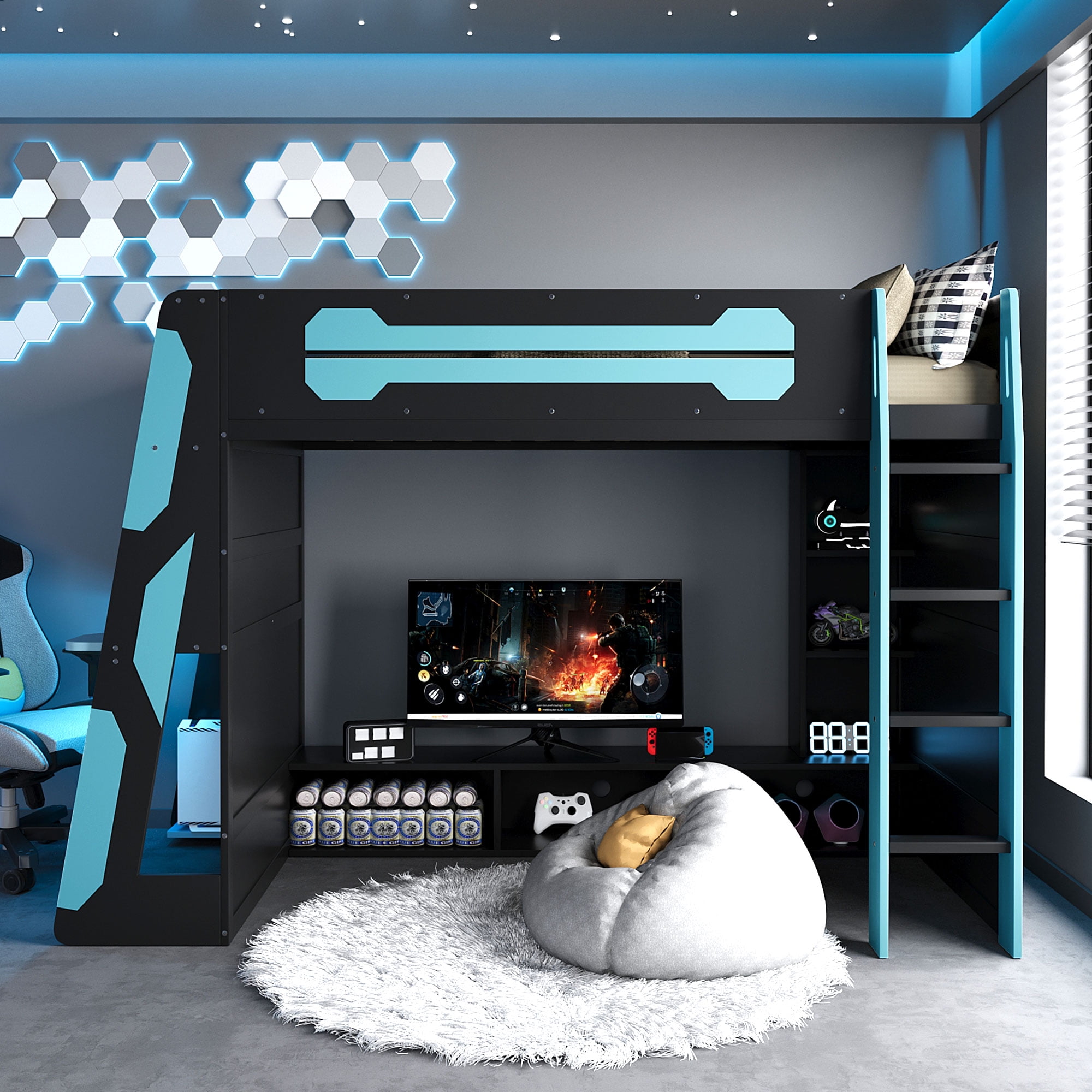 Mintazer Twin Size Gaming Loft Bed with Desk, LED Light & Charging Station, Kids Platform Bed Frame with Storage Shelves for Teens, Black & Blue