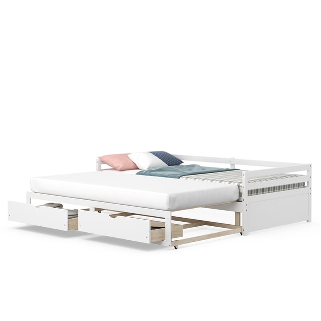 Costway Twin to King Daybed with 2 Drawers Wooden Sofa Bed for Bedroom Living Room White