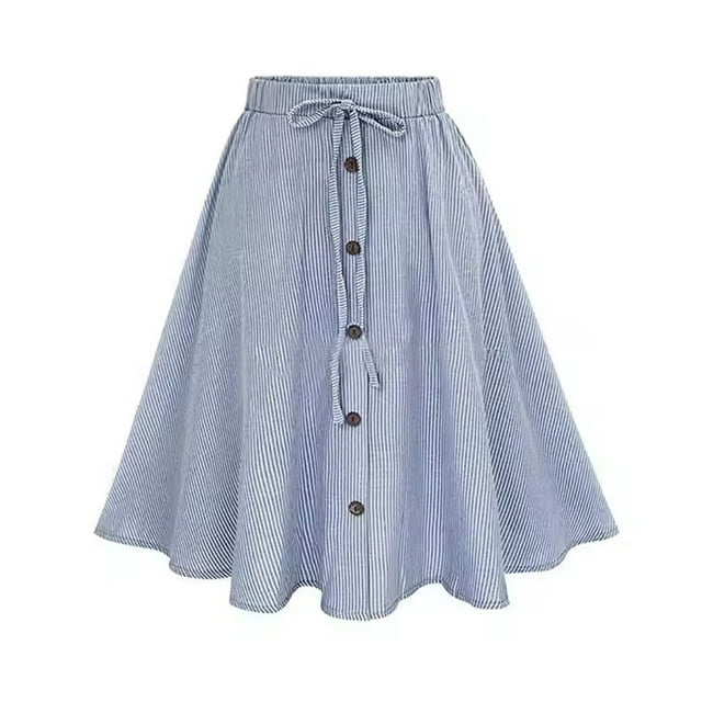 Besolor Summer Midi Skirt for Women Striped Elastic Waist Drawstring Button Front A-Line Flowy Beach Vacation Skirts