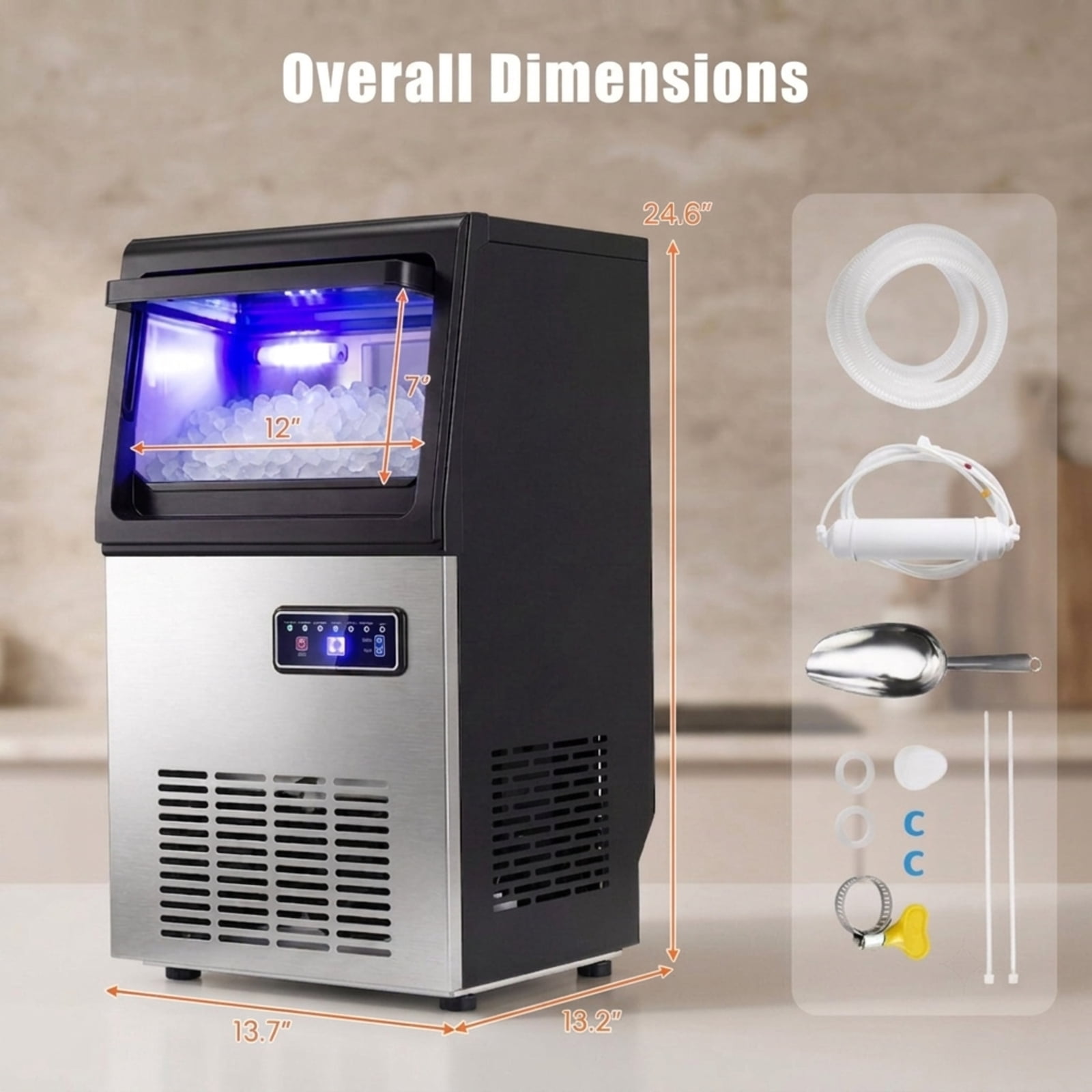 RUIE Nugget Ice Maker Machine 90 lbs/24H, Commercial Countertop Chewable Pellet Ice Machine with Self-Cleaning for Home Bar Kitchen Office