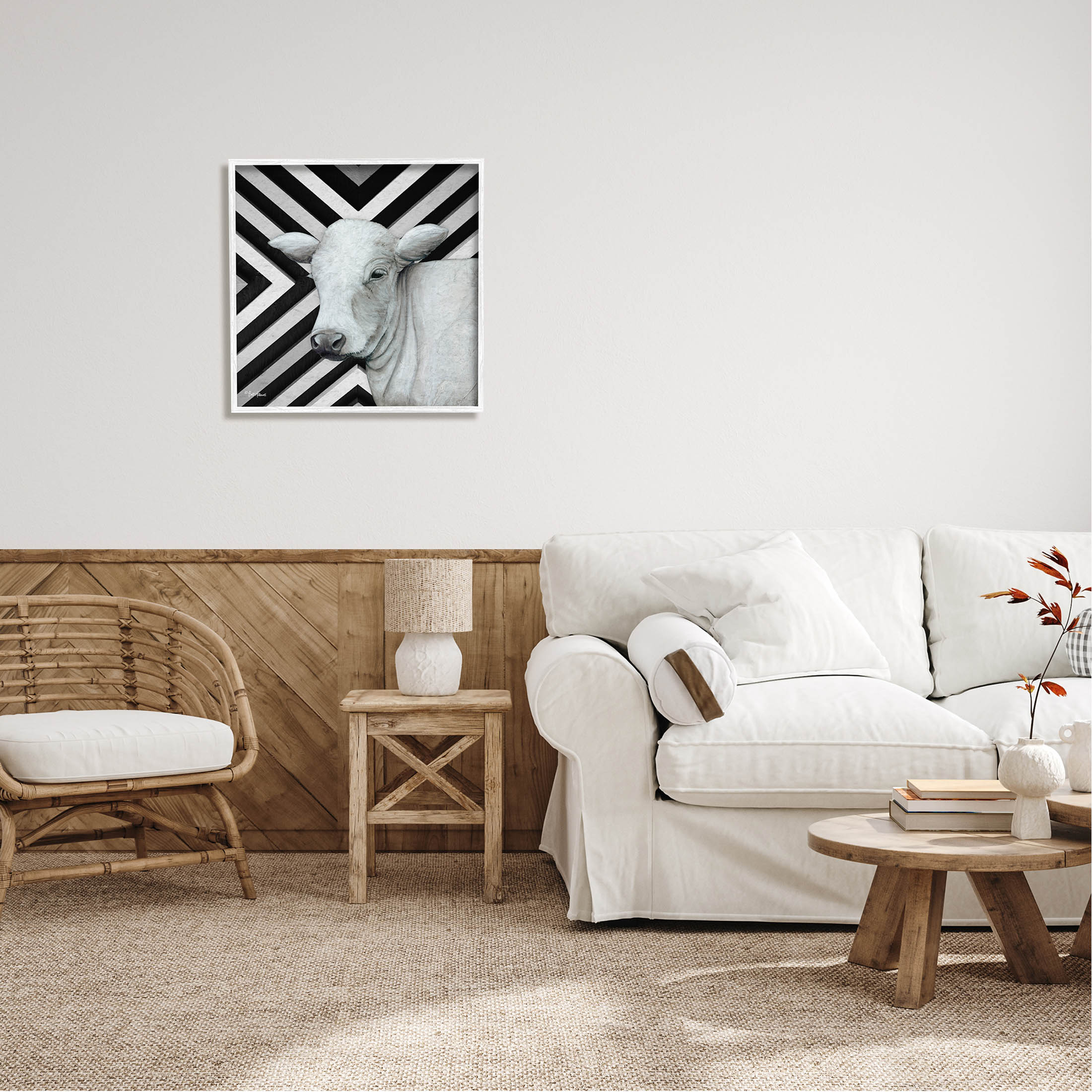 Cow Portrait Stripes Pattern Animals & Insects Graphic Art White Framed Art Print Wall Art