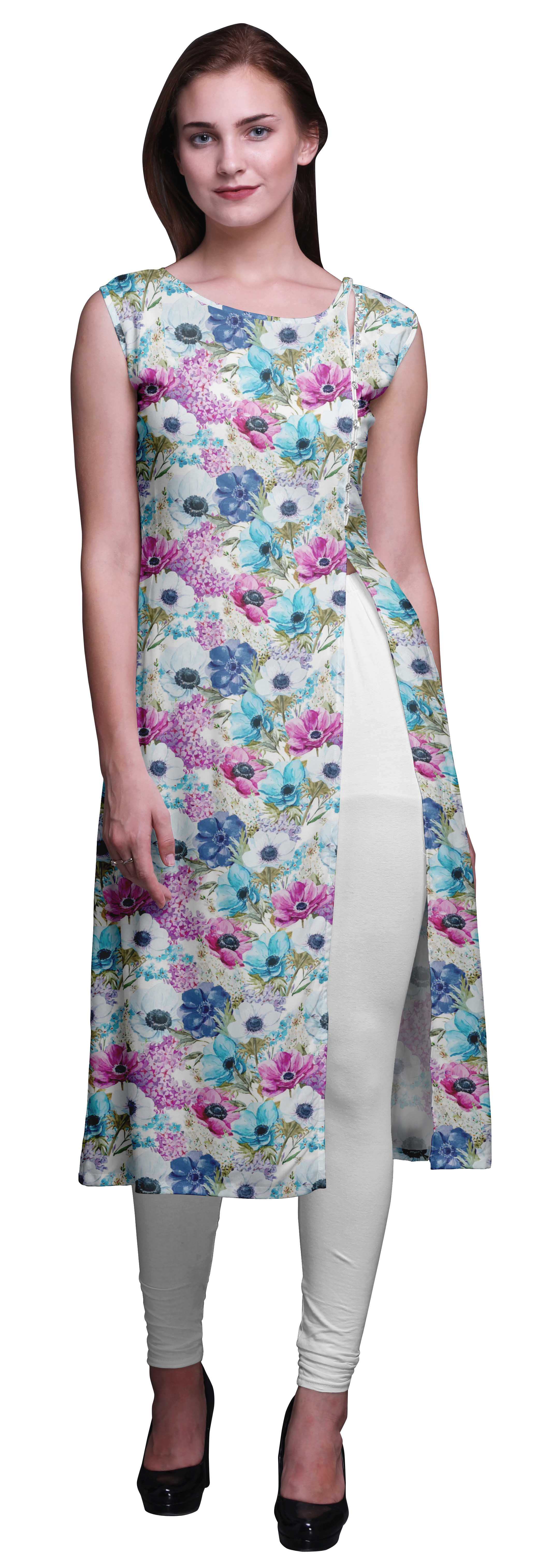 Bimba Women's Printed Sleeveless Kurta - Viscose Santoon, Side Slit, Mid-Calf Length - View #2