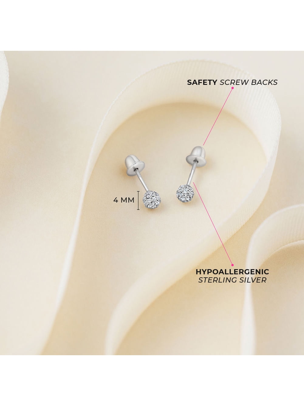 925 Sterling Silver 4mm CZ Burst Kids Screw Back Earring Studs Toddler Girls