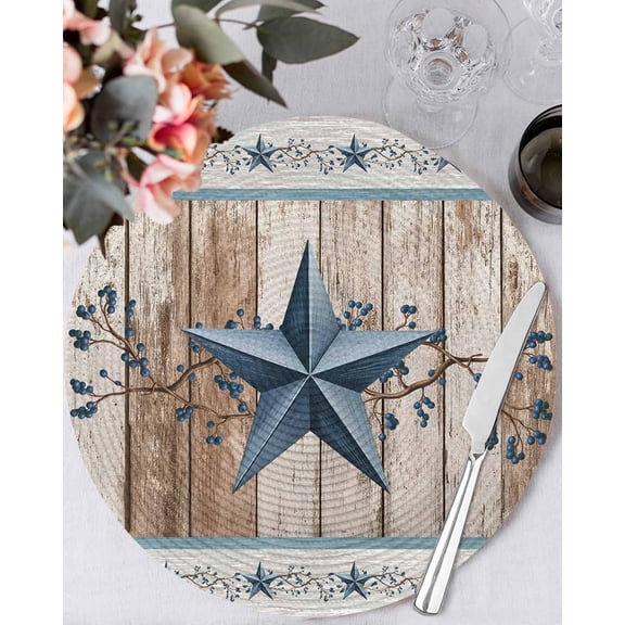 15 Inch Round Placemats Set of 6, Texas Star Rustic Non Slip Heat Insulation PP Table Mats, Country Blue Berry Brown Wooden Plank Washable Place Mats for Kitchen Dining Party Table Decor