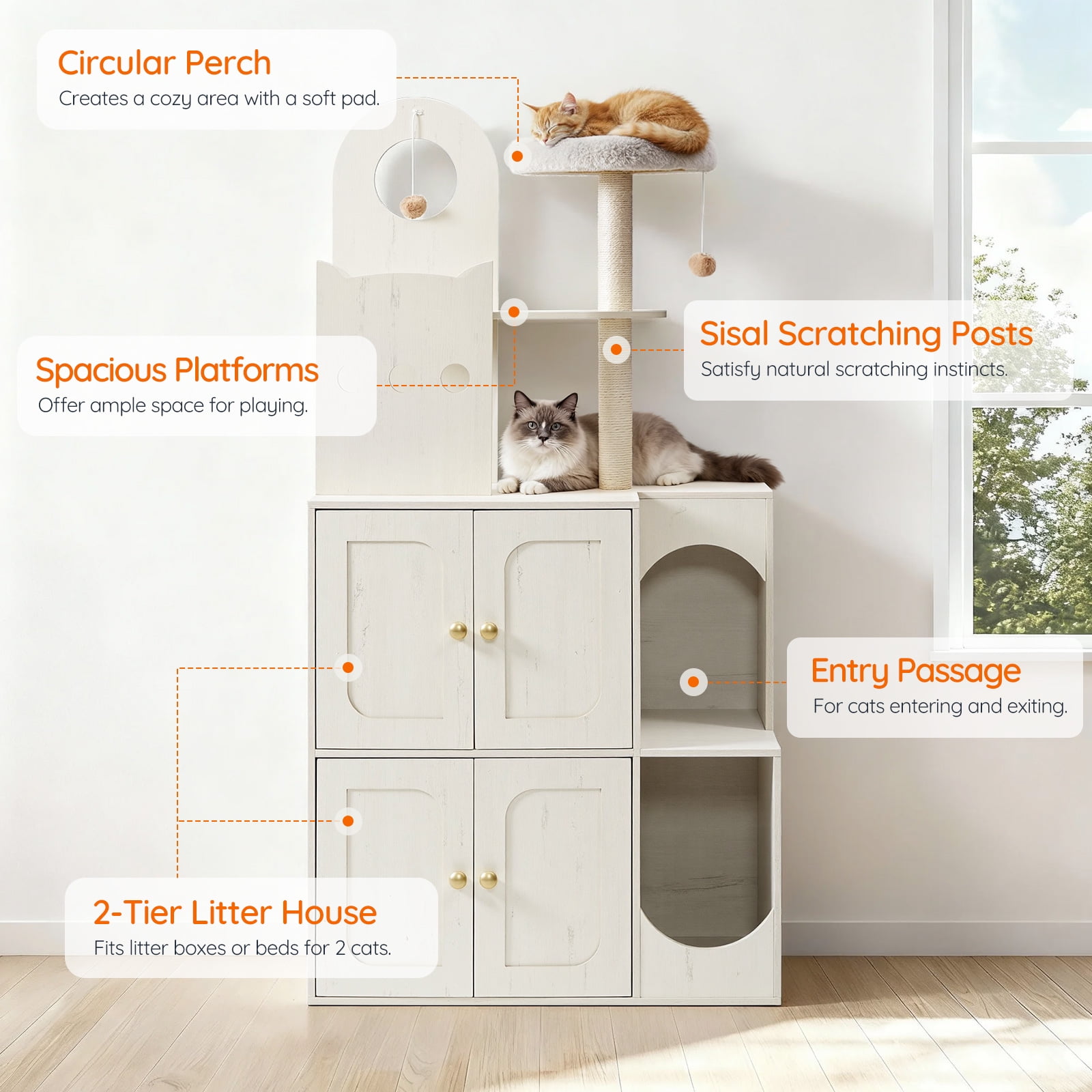 Cat Tree with Litter Box Enclosure, Hidden Double Cat Litter Box Enclosure Furniture, Modern Cat Tree with 2 Dangling Balls and 2 Sisal Scratching Posts for 2 Cats, White WH27MZ03