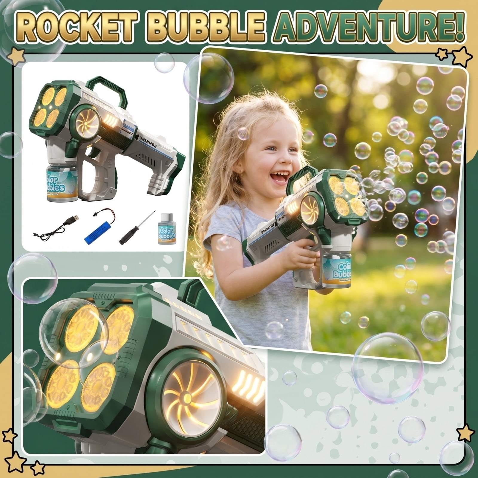 Rocket Style Bubble Maker Machine, Automatic 4 Hole Bubble Blower with LED Light, 140ML Bubble Solution and Rechargeable Set, Portable Bubble Machine for Party Festival Outdoor Events (Orange)