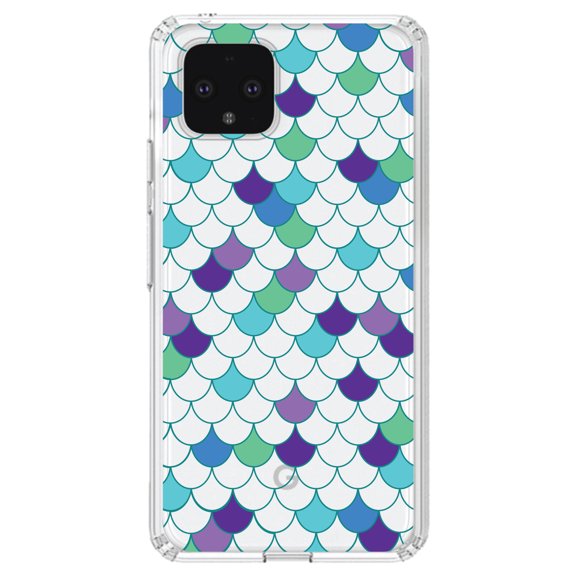 DistinctInk Clear Shockproof Hybrid Case for Google Pixel 4 (5.7" Screen) - TPU Bumper, Acrylic Back, Tempered Glass Screen Protector - Mermaid Scales