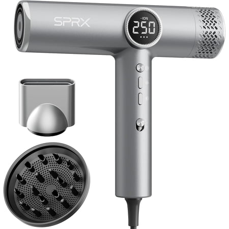 High-Speed Ionic Hair Dryer with Diffuser, 160000 RPM Brushless Motor, Fast Drying, 500M Negative Ions, Lightweight Travel Design, Low Noise, Salon Quality, Silver, 2404R-0