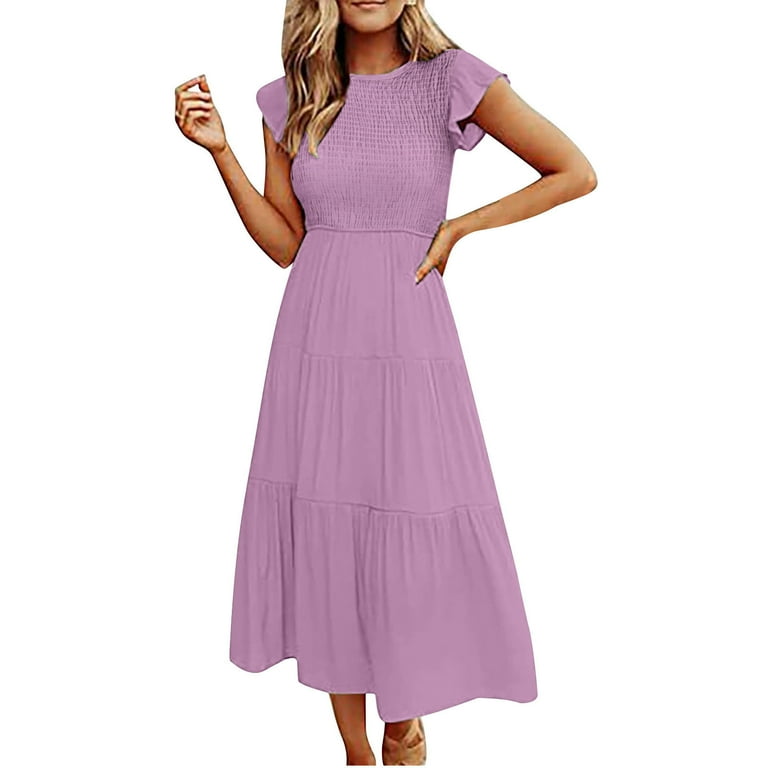 DailyTrove Women's Solid Color Fit & Flare Maxi Dress, Short Sleeve, Casual  Office & Date Night Wear, Stretchy Jersey Fabric, Belted - Walmart.com