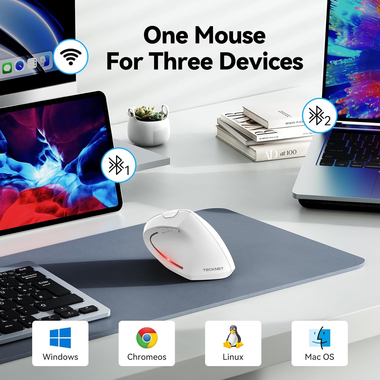 TECKNET Ergonomic Mouse, Wireless Bluetooth Vertical Mouse, 4800 DPI Optical Tracking, 6 Adjustable DPI, Quiet Clicks, 2.4GHz with USB A Receiver, 6 Buttons, Wide Compatibility - Black
