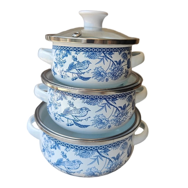 3 ollas esmaltadas con tapa, ollas de fondo plano, portátiles vintage para guisar frijoles, utensilios de cocina para el hogar