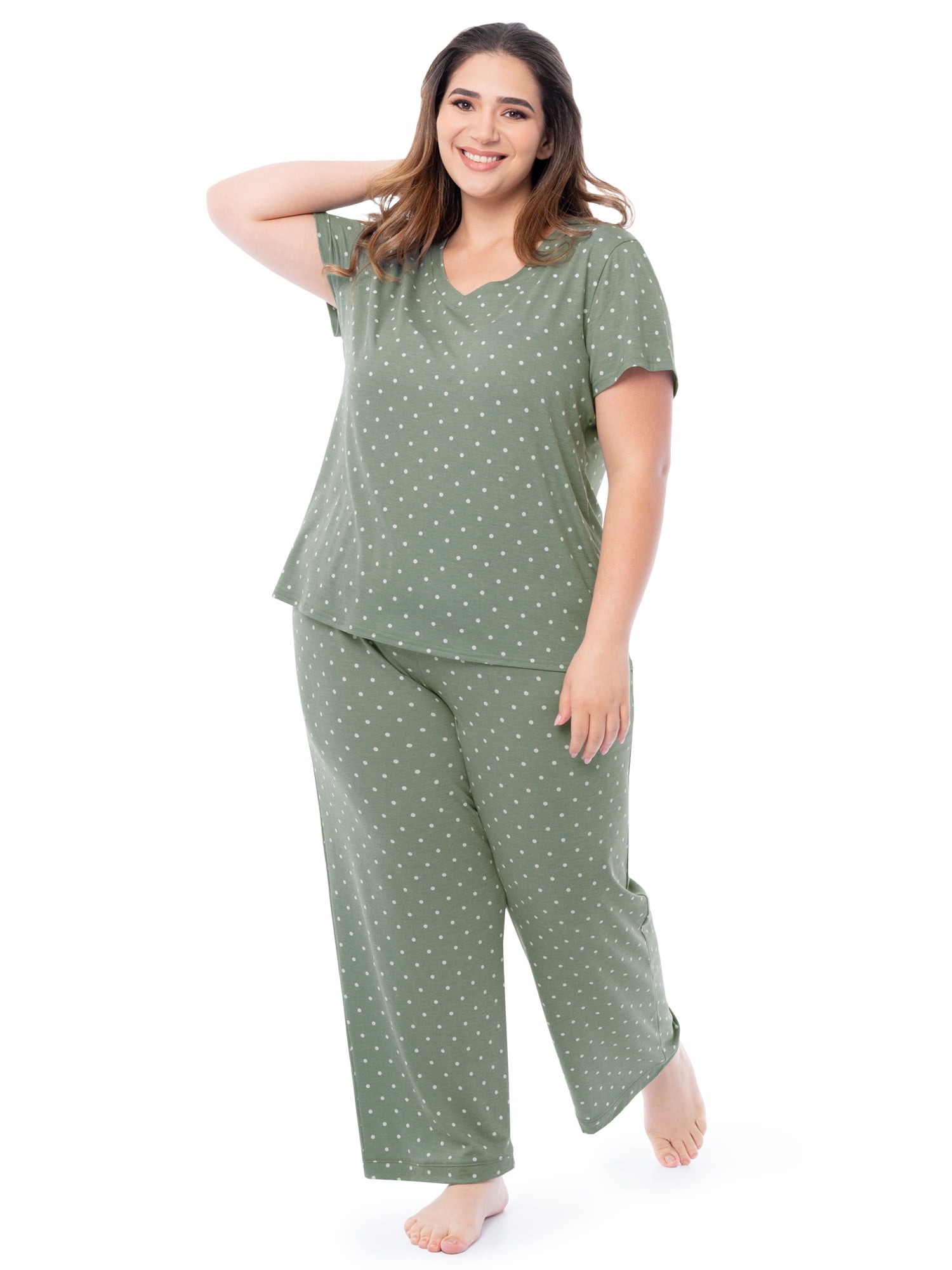 Fruit of the Loom Women's Soft & Breathable V-Neck Short Sleeve Top & Pajama Pant Set, Sizes S-4X