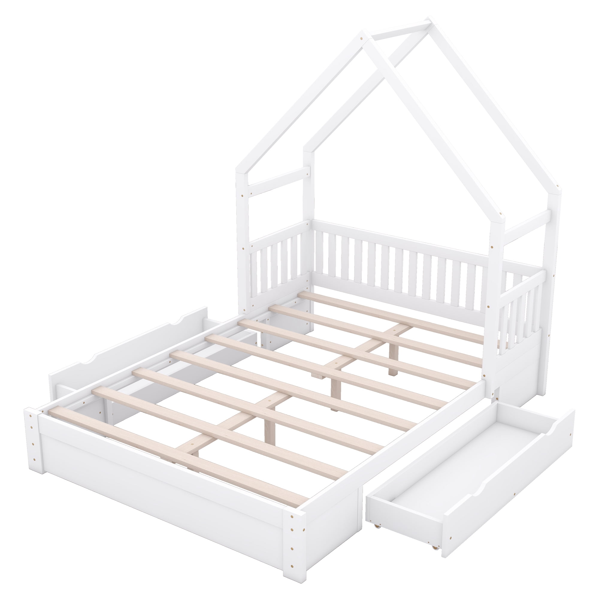 Sailvan Queen Wood House Platform Bed with Guardrail and 2 Storage Drawers White