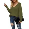 thumbnail image 1 of Suéter de punto con cuello en V para mujer, suéter informal holgado de manga larga con un hombro, color verde XL, 1 of 6