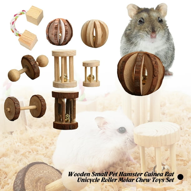 cabina home pet chew toys hamster mouse guinea pigs rat rabbit wooden unicycle dumbells bell roller chew toys 8 pieces