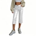 thumbnail image 5 of Women’s Faux Leather Capri Pants Elastic High Waist with Zipper & Button Closure, Loose Straight Wide Leg Cropped Trousers with Pockets White, 5 of 9