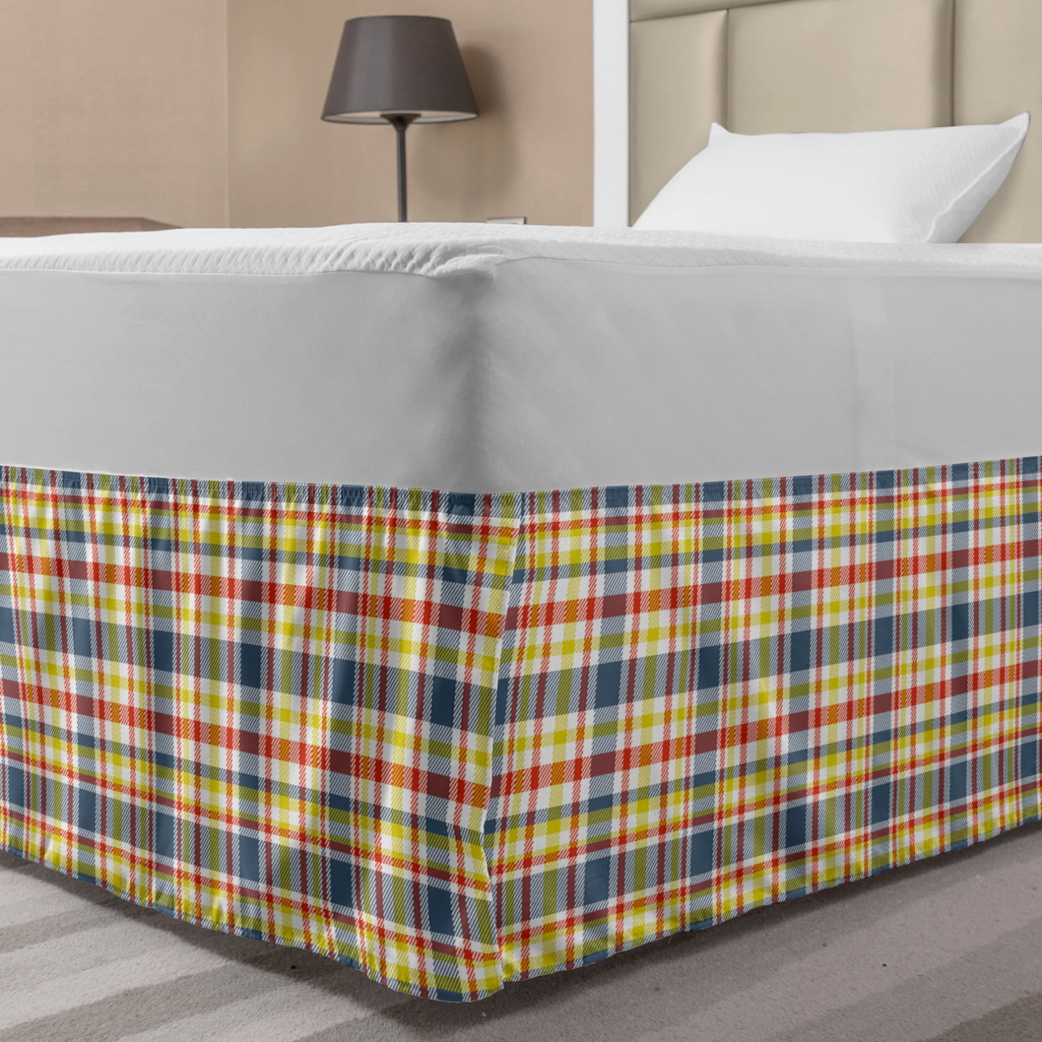 Grey Yellow Bed Skirt, Continuous Colorful Cheery Plaid Illustraiton