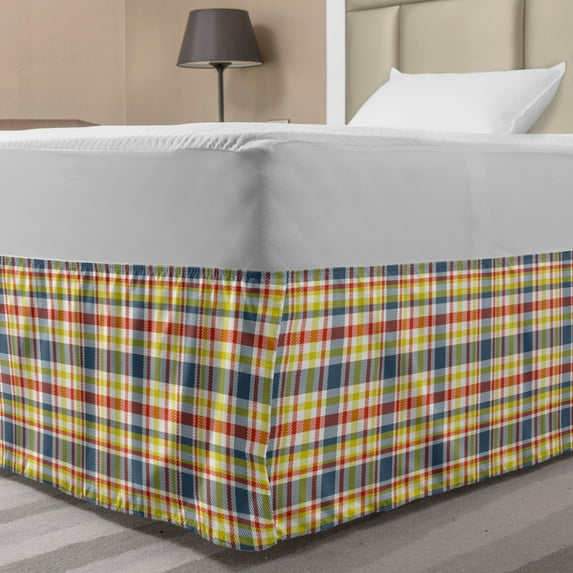 Grey Yellow Bed Skirt, Continuous Colorful Cheery Plaid Illustraiton, Elastic Bedskirt Dust Ruffle Wrap Around for Bedding Decor, 4 Sizes, Multicolor, by Ambesonne