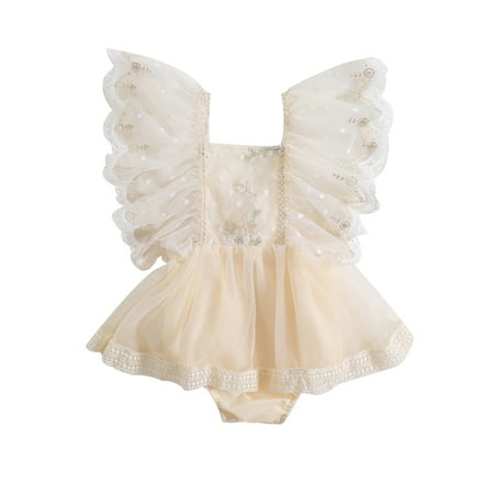 

TFFR Newborn Infant Baby Girls Princess Romper Dress Fly Sleeve Embroidery Flower Tulle Bodysuit