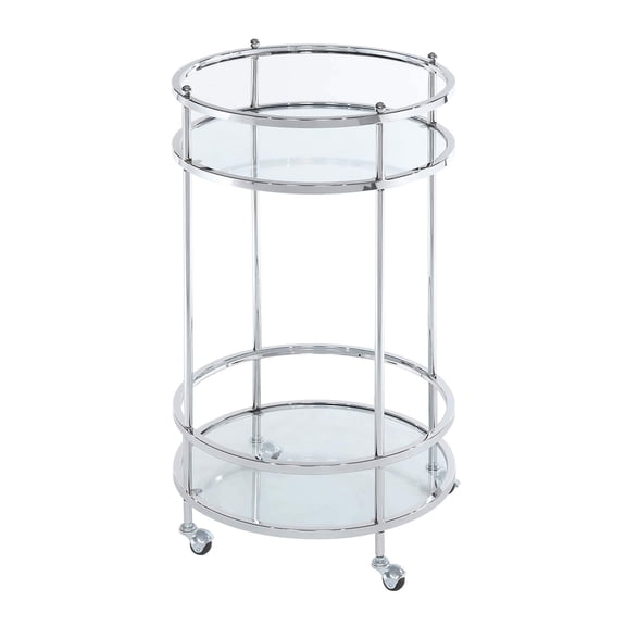 Pemberly Row Bar Cart With Wheels in Clear Glass and Chrome Metal Frame
