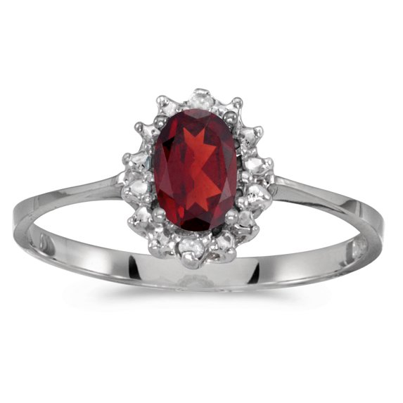 10k White Gold Oval Garnet And Diamond Ring