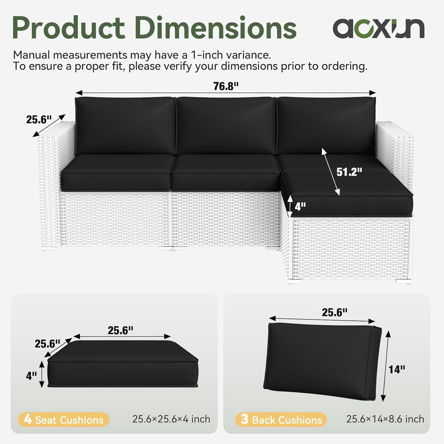 Aoxun Patio Furniture Cushions for Outdoor Furniture Set of 4, Thick Replacement Patio Couch Cushions for Outdoor Furniture, 7-Piece Splashproof Fade Resistant Outdoor Couch Cushions, Black
