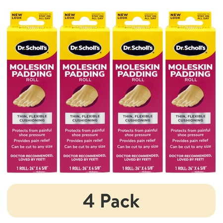 (4 pack) Dr. Scholl's Moleskin Padding ROLL, 1 roll // Thin, Flexible Cushioning & Pain Relief - Cut to Any Size - 24 Inches X 4 5/8 Inches