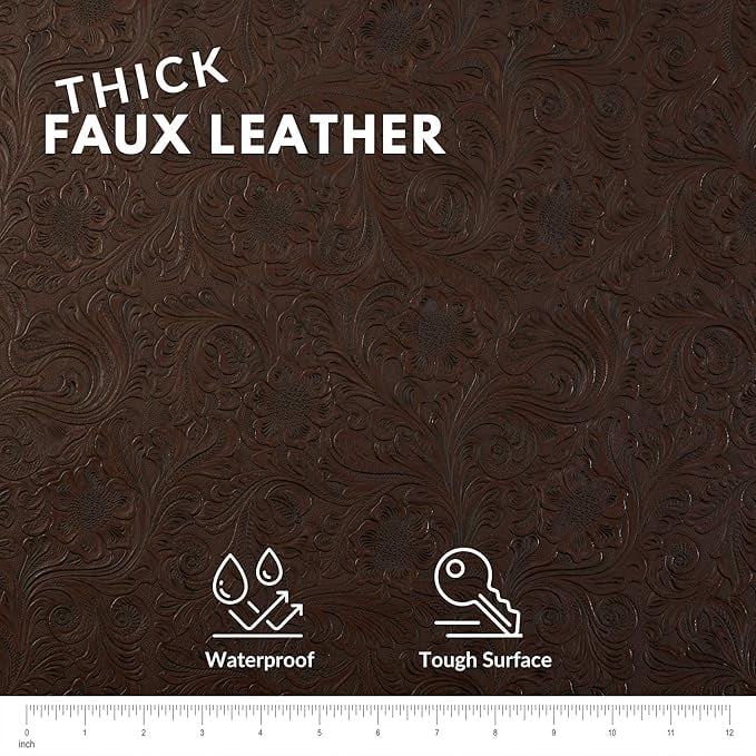 Tooled Faux Leather Western Cowboy, Floral Embossed Vinyl, Craft DIY and Upholstery Textured PU Pleather Fabric - Cut by The Yard (Chocolate)