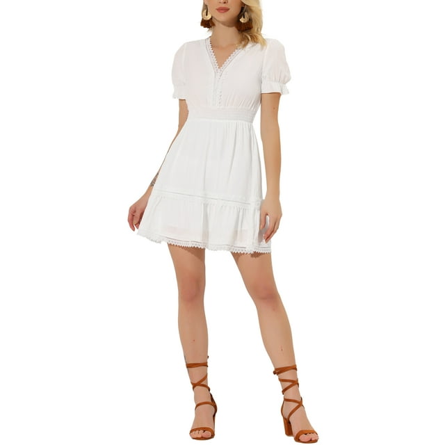 INSPIRE CHIC Tenue Robe d'Été pour Femme Col en V Manches Bouffantes Taille Smockée Robe Courte Décontractée Blanc m