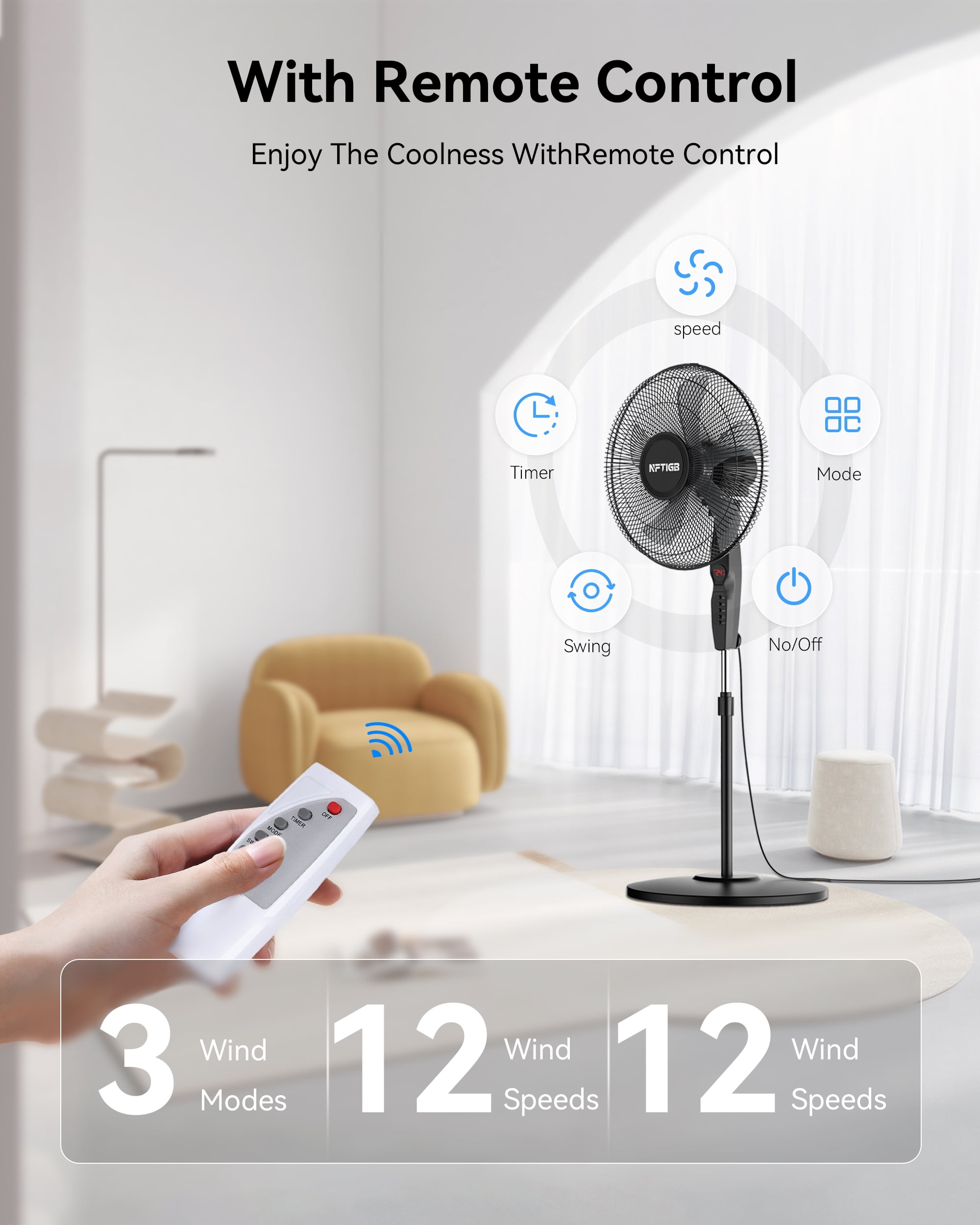 NFTIGB 16'' Oscillating Pedestal Fan w/Remote and Timer, Adjustable Height Floor Fan, Black 2026 New