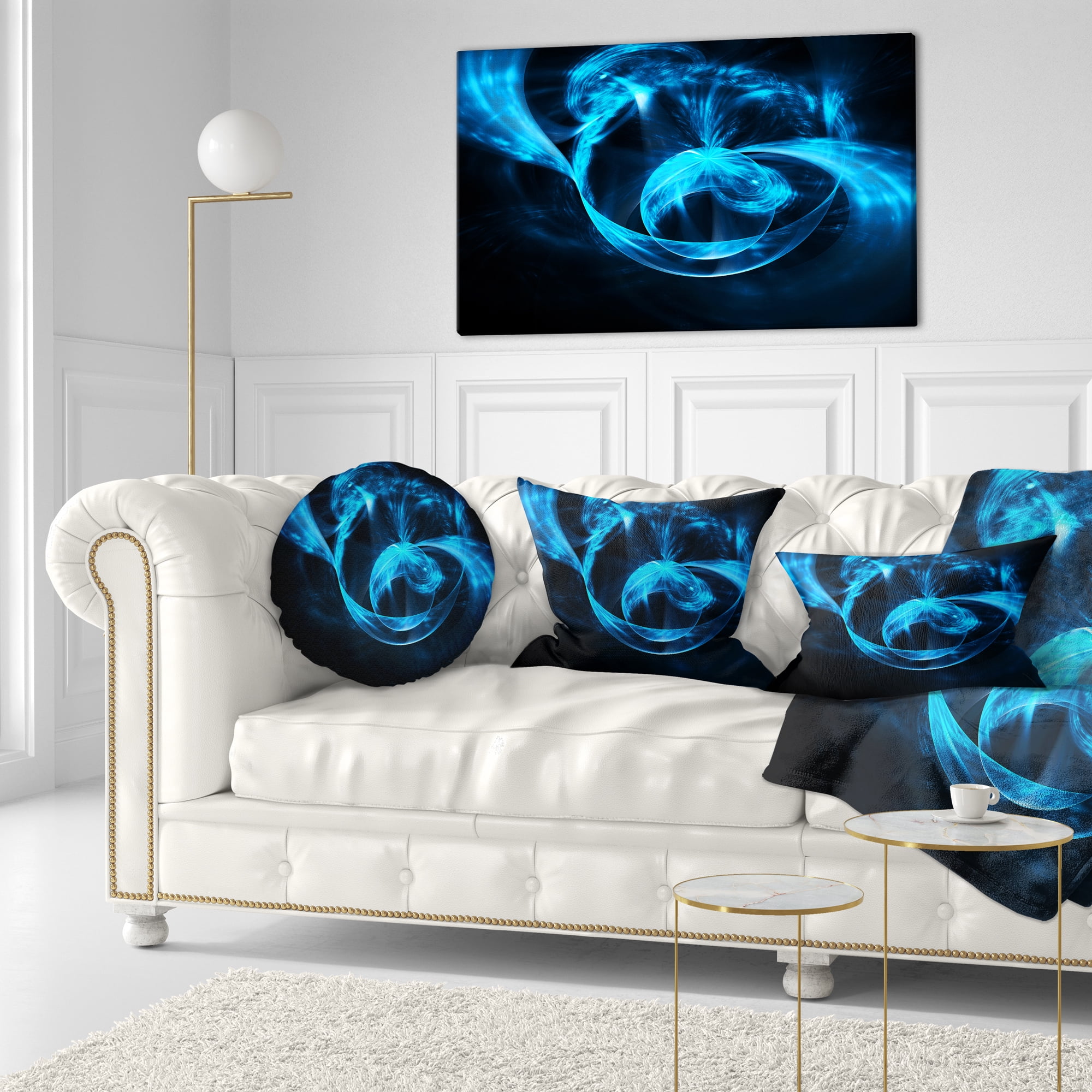 Designart Fractal 3D Circled Blue Waves - Contemporary Throw Pillow - 12x20