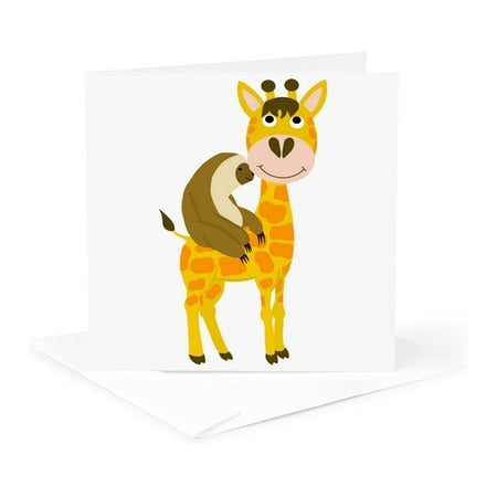 3dRose, Cute fun original sloth riding a giraffe cartoon , 1 Greeting Card with envelope