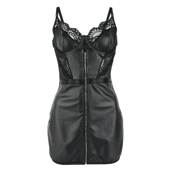Ausing Women's Mesh Bodysuit PU Mini Dress Lingerie Lace Trim Leather Bodycon Zipper Spaghetti Strap Nights Clubwear Black S