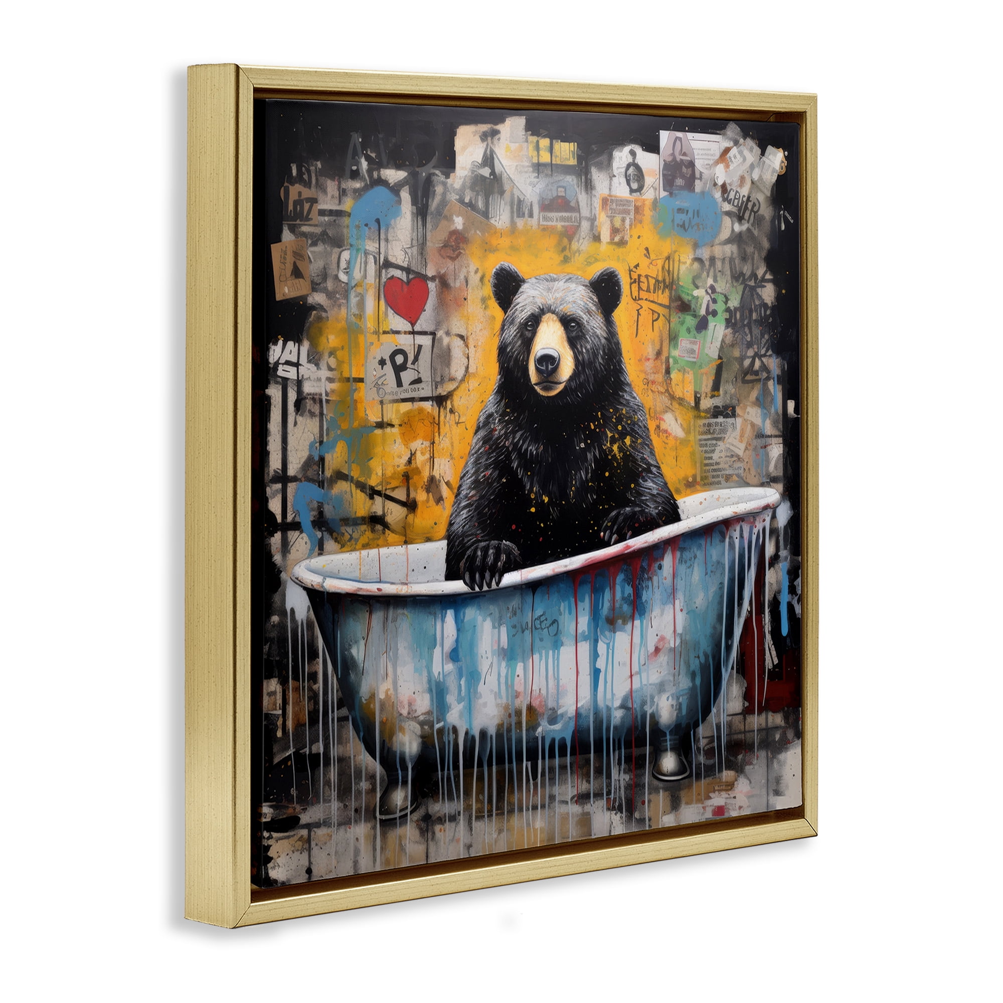 Stupell Industries Graffiti Bathing Bear Typography Painting Gold Floater Framed Canvas Art Print Wall Art, 25 x 25