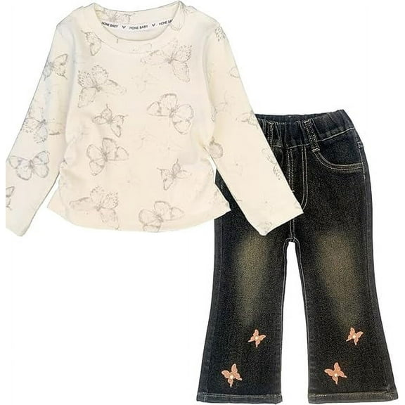 Peacolate 2-7T Spring Fall Little Girls 2pcs Clothing Set Butterfly T Shirt and Boot-cut Jeans,White,2-3Years