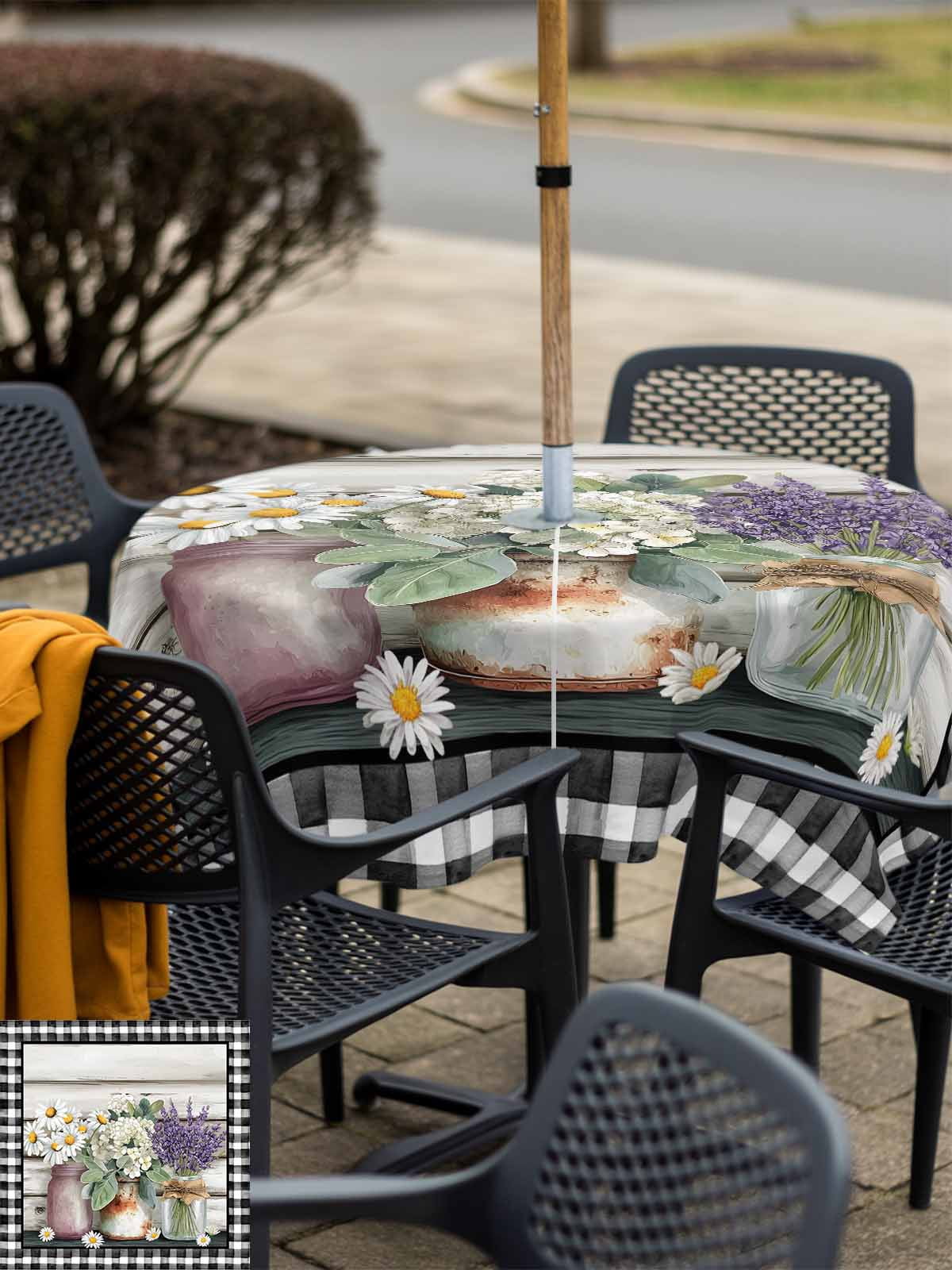 Spring Floral Outdoor Tablecloth - 60x60 Inch Square Dining Table Cover, Pastoral Bottle Flowers Wood Black Plaid Waterproof Outdoor Table Cloth with Umbrella Hole & Zipper for Picnic/Patio/Party