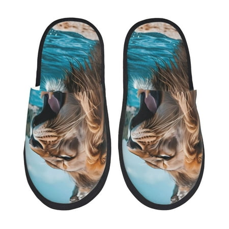 Balery Ice Blue Coastal Lion Slient Indoor Furry Fleece Comfort House Shoes Soft Non-Slip Home Shoes Cotton slippers House Slippers-- Large