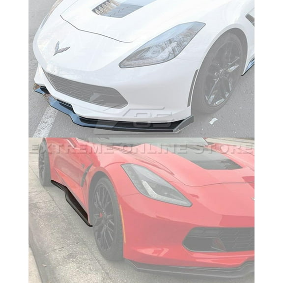 Replacement for 2014-2019 Chevrolet Corvette C7 All Models | Z06 Stage 2 ABS Plastic Plastic-Black Front Bumper Lower Lip Splitter with Side Skirt Rocker Panels Extension Pair 