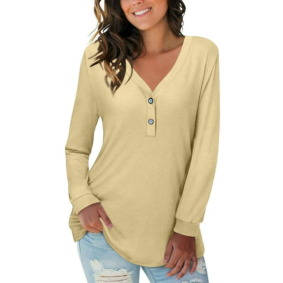 PNTUTB Long Sleeve Loose Shirt for Women Solid Color Fashion V Neck Causal Comfortable Tops