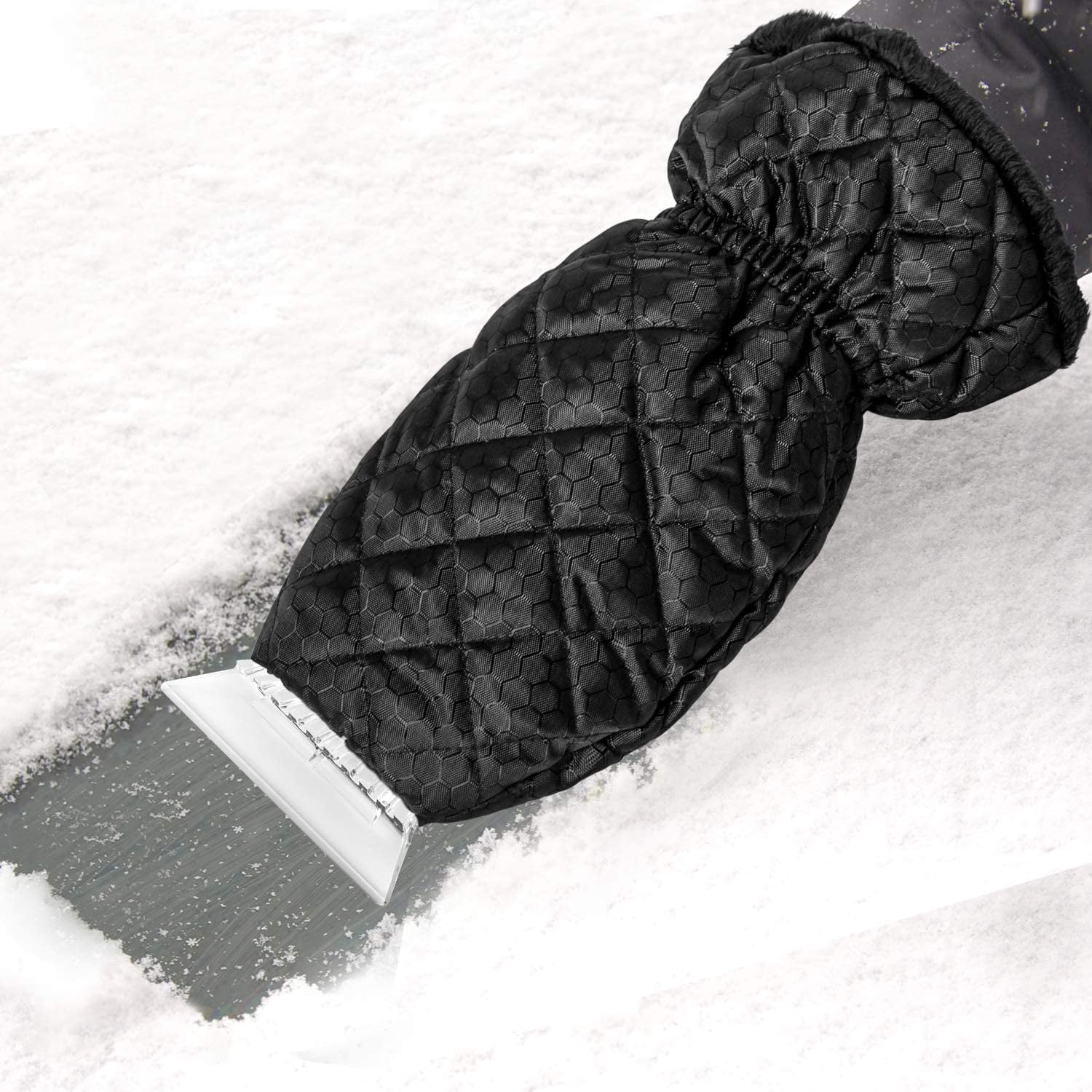 Ice Scraper Mitt Windshield Snow Scrapers with Waterproof Snow Remover Glove Lined of Thick Fleece Black 