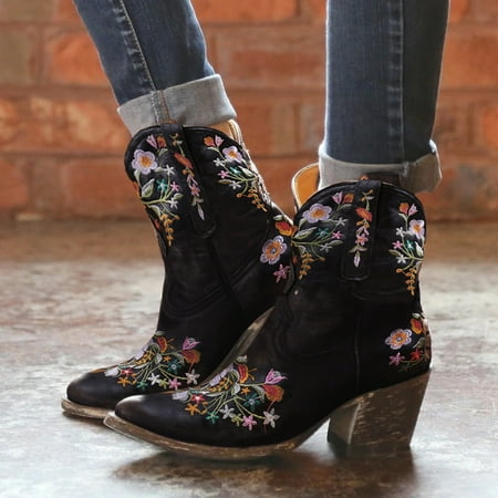 

Christmas Cowboy Boots For Women Cowgirls Boots Embroidered Retro Shoes Ankle Boots