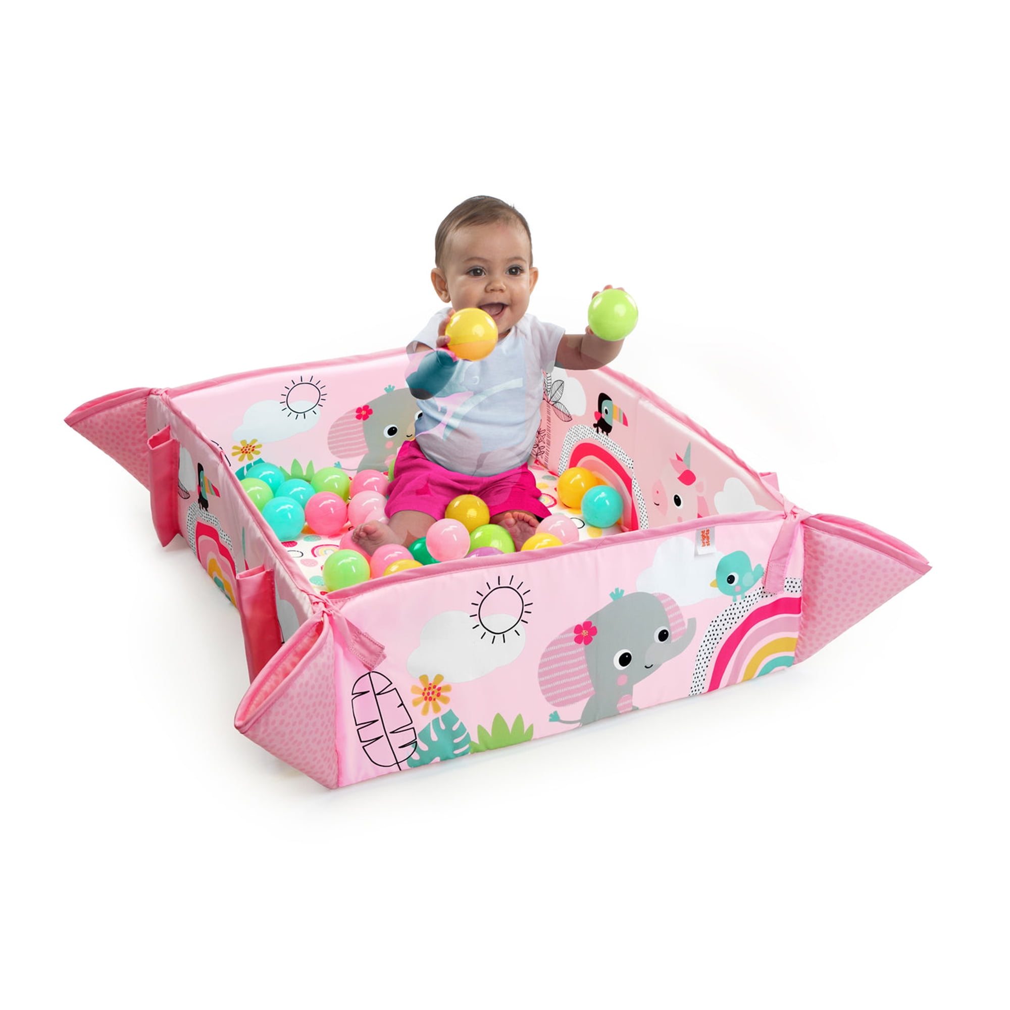 Bright Starts 5-in-1 Your Way Ball Play Baby Activity Play Gym & Ball Pit, includes 7 toys, Newborn to Toddler - Rainbow Tropics (Pink)