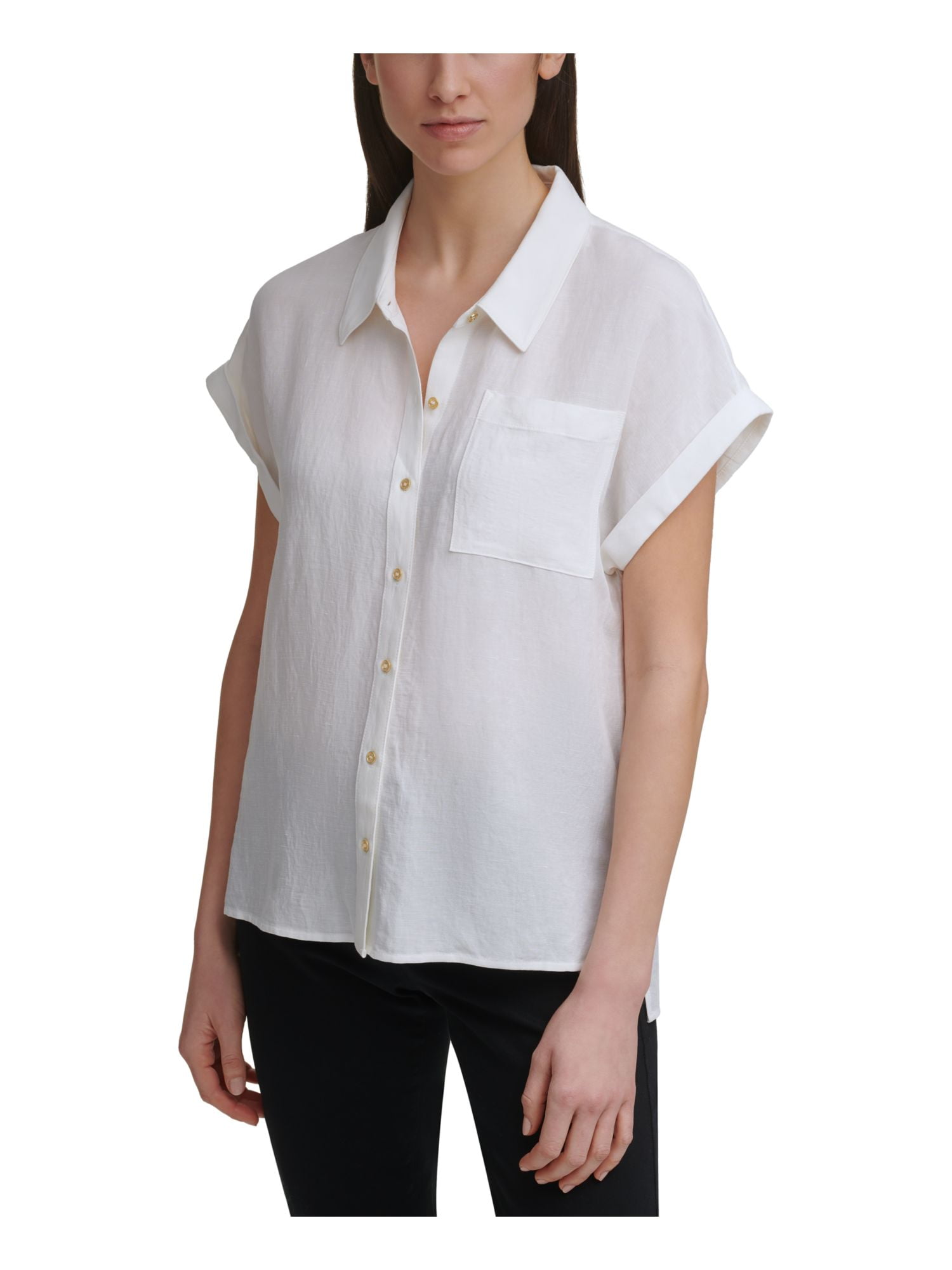 Calvin Klein Womens White Pocketed Textured Spread Collar Cuff Sleeves