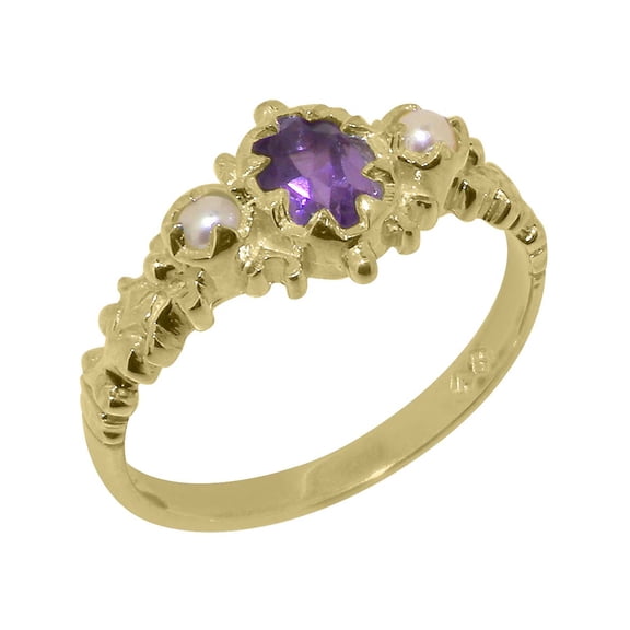 LBG British Made 9k Yellow Gold Natural Amethyst & Cultured Pearl Womens Anniversary Ring - 33 size options - Size 10