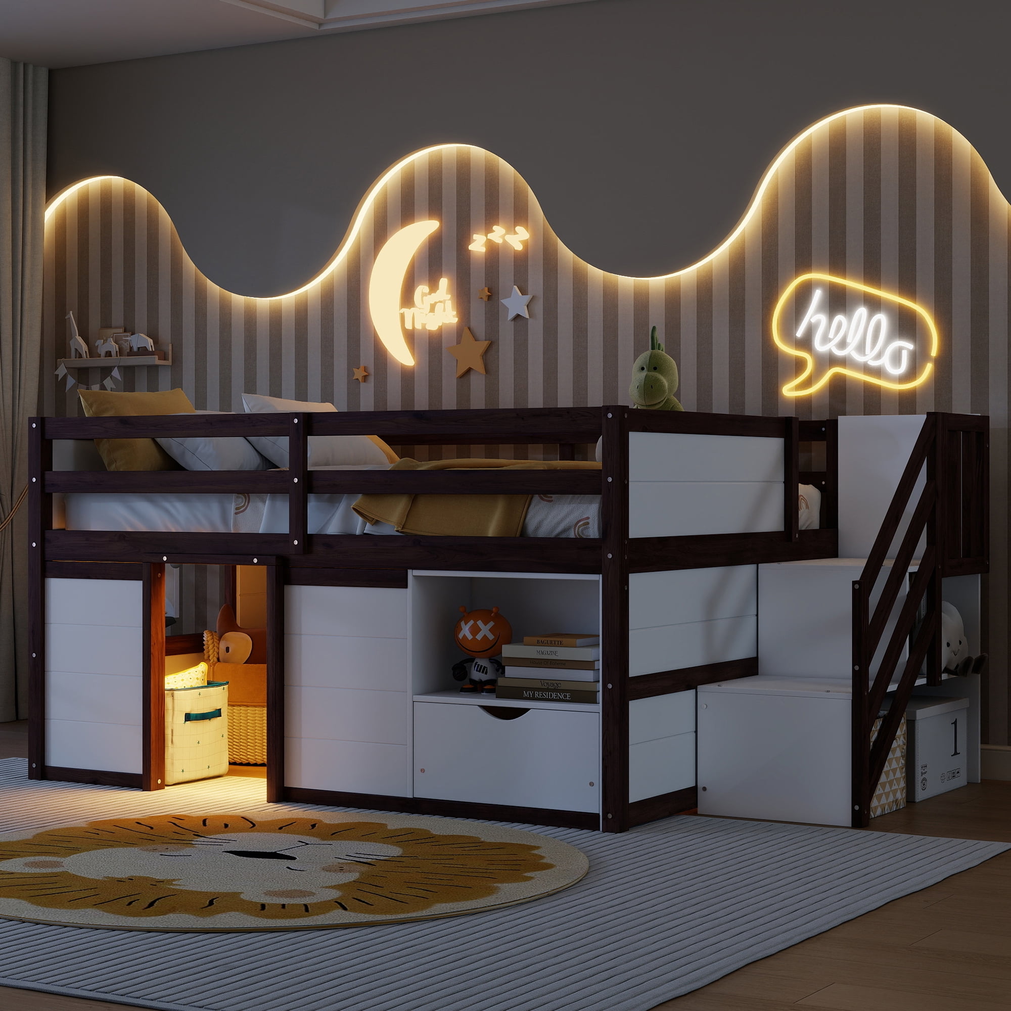 Leumius Full Size Loft Bed with Storage Stairs and Storage Drawers,Solid Wood Bed Frame with Large Under-Bed Space,Walnut White