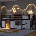 thumbnail image 3 of Harper & Bright Designs Full Size Wood Loft Bed with Storage Drawer and Shelf, Low Loft Bed Frame with Stairs and 7 Colors LED Light for Boys Girls, Walnut & White, 3 of 13