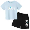 thumbnail image 5 of Conjunto de 2 piezas de camiseta de manga corta y pantalones cortos con estampado de letras de marca de verano, traje deportivo informal para niños y niñas, conjunto de moda para niños, 5 of 5