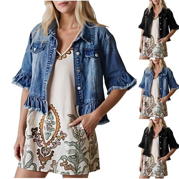 Oksale Cropped Denim Jacket for Women Ruffle Frayed Hem Distressed Jean Jacket Half Sleeve Trucker Jacket Vintage Open Front Western Jackets Black M