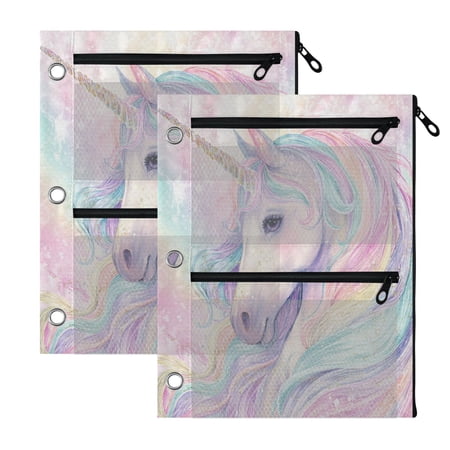 2 Pack 3-Ring Binder Pencil Pouch with Clear PVC Windows Magical Unicorn Pastel Sky Large Capacity Stationery Bag for Classroom Office Supplies