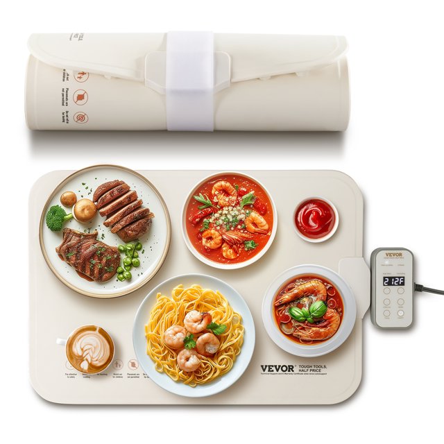 VEVOR Electric Warming Tray Rollable Food Warming Mat with temperature control, shown in beige with a smooth silicone surface. The mat is displayed with various dishes, including steak, pasta, and soup, placed on its 19.69 x 13.78-inch surface. The touch screen control panel is visible, showing a temperature of 212°F. The rolled-up mat is also shown for compact storage. Suitable for buffets, family gatherings, and outdoor picnics.